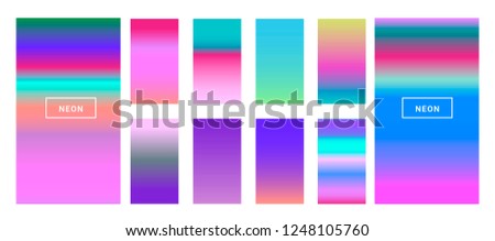 Big collection of neon pastel holographic gradients. Colorful backgrounds in trendy neon colors: UFO Green, Plastic Pink, and Proton Purple, Electric Blue. Swatches for design. 