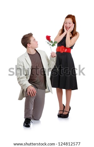 Boyfriend generously girl give roses isolated on white background