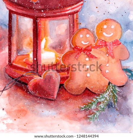 lantern, candle, gingerbread. heart shape New year illustration. winter composition. tree snow. watercolor