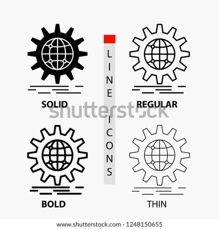 international, business, globe, world wide, gear Icon in Thin, Regular, Bold Line and Glyph Style. Vector illustration