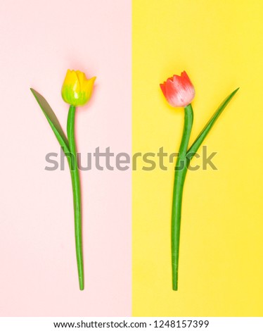 Wooden tulips contrasted with the background color. Flat lay Photography.