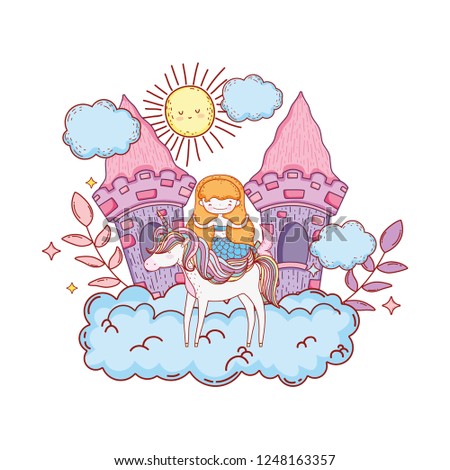 mermaid with unicorn and castle in cloud