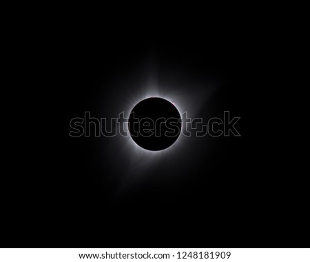 Total Solar Eclipse (2018, Lander, WY, USA) during totality showing coronasphere sun's atmosphere coronal mass ejections from the sun. Royalty-Free Stock Photo #1248181909