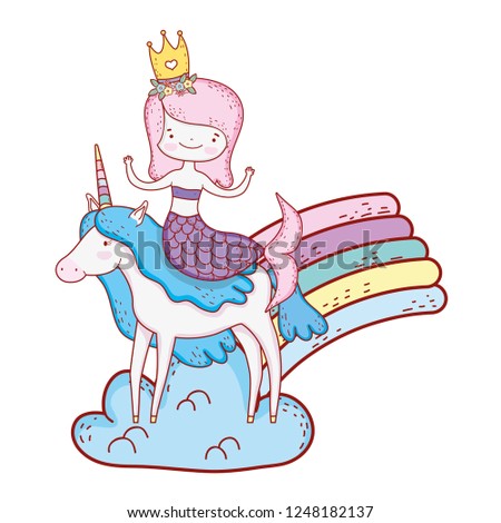 mermaid with unicorn and rainbow in clouds