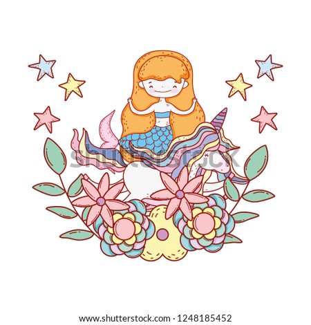 cute mermaid with unicorn and floral decoration