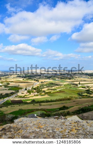 Panoramic view of Valleta and surroundings from the ancient village of Mdina, Malta in a sunny summer day.
