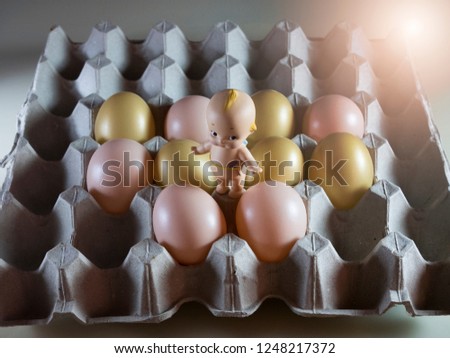 Paper Egg Tray contains fresh eggs, golden eggs and baby dolls. Meaning of Birth