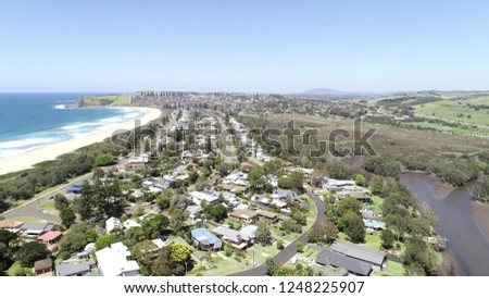 Aerial View of beach and coastal town. Taken at Werri Beach, NSW