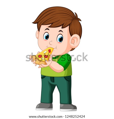 vector illustration of cute boy eating pizza