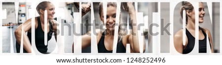 Collage of a fit young woman smiling while taking a break from working out at the gym with an overlay of the word motivation
