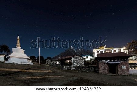 Tengboche Monastery at night in moon light - Everest region, Nepal, Himalayas