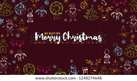 Merry Christmas and Happy New Year. Background with hand-draw christmas doodle elements. Vector illustration