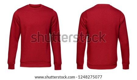 Blank template mens red pullover long sleeve, front and back view, isolated on white background with clipping path. Design sweatshirt mockup for print. Royalty-Free Stock Photo #1248275077