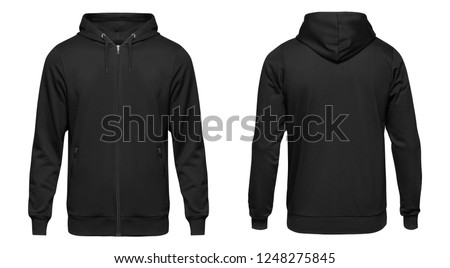 Blank black male hooded sweatshirt long sleeve with clipping path, mens hoody with zipped for your design mockup for print, isolated on white background. Template sport winter clothes. Royalty-Free Stock Photo #1248275845
