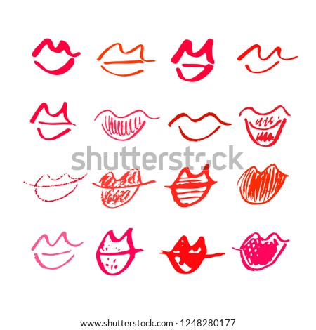 Set of hand drawn lipstick kiss symbols. Sketched lip silhouette. Vector décor element. Clipart, isolated.
