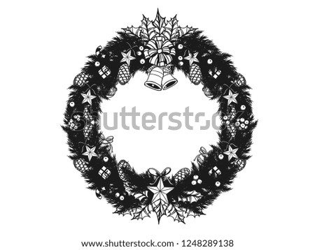 christmas ornament silhouette on white background.Black and white graphic vector by hand drawing