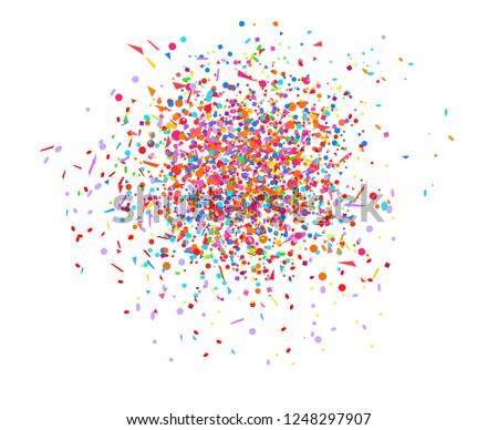 Confetti on isolated white. Geometric background with multicolored glitters. Pattern for design. Print for polygraphy, posters, banners and textiles. Greeting cards. Luxury texture