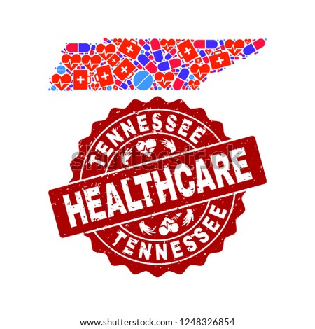 Healthcare composition of bright medical mosaic map of Tennessee State and rubber seal stamp. Vector red watermark with distress rubber texture and Healthcare caption.