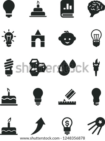 Solid Black Vector Icon Set - matte light bulb vector, children's hairdo, box of bricks, cake, birthday, saving, drawing, honeycombs, drop, book on statistics, brain, flame torch, arrow up, idea
