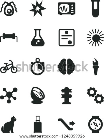 Solid Black Vector Icon Set - flask vector, test tube, molecule, brain, gears, bactery, oscilloscope, satellite antenna, stopwatch, patente, resistor, flame torch, bang, bike, escalator, sun, pets