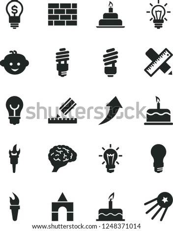 Solid Black Vector Icon Set - children's hairdo vector, box of bricks, cake, birthday, brickwork, saving light bulb, writing accessories, drawing, energy, brain, flame torch, arrow up, idea