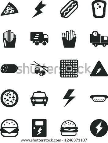 Solid Black Vector Icon Set - lightning vector, dangers, car, delivery, sausage, pizza, piece of, Hot Dog, mini, big burger, French fries, fried potato slices, Chinese chopsticks, sandwich, Express