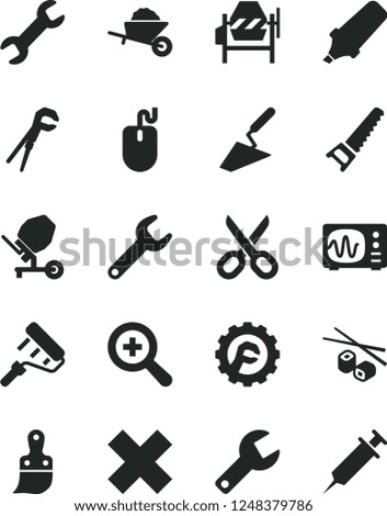 Solid Black Vector Icon Set - repair key vector, scissors, zoom, cross, garden trolley, trowel, concrete mixer, adjustable wrench, hand saw, paint roller, plastic brush, star gear, text highlighter