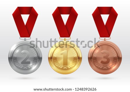 Sports medals. Golden silver bronze medal with red ribbon. Champion winner awards of honor vector isolated template Royalty-Free Stock Photo #1248392626