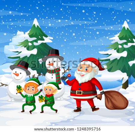 Happy santa and elf ourdoor background illustration