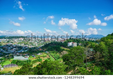 Dalat city, Vietnam, View of many houses from cable car, The architecture of Dalat, Cityscape, Panorama landscape. hill