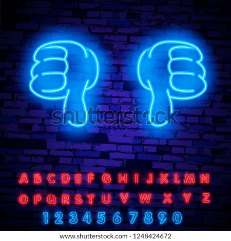 Neon hands with gloves icon set isolated. Vector clipart - parts of body, arms in gloves. Hand gesture collection. Night bright advertisement. Vector illustration in neon style for agreement or