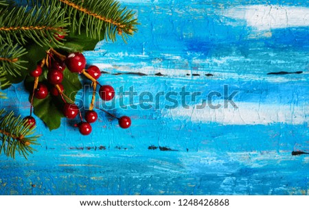 Christmas decorations with fir tree and copy space background
