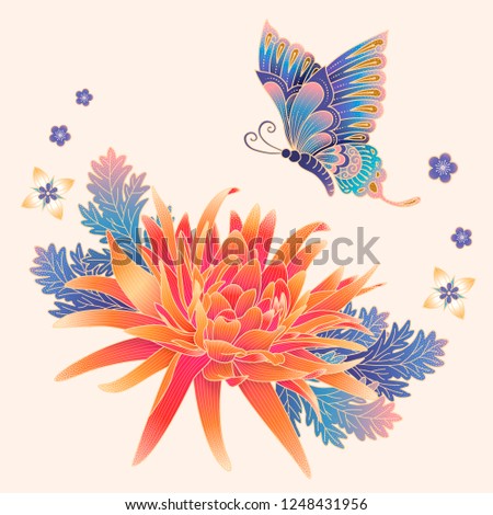 Elegant chrysanthemum and butterfly in gradient colors for design uses