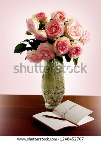 Beautiful bouquet of pink roses in a vase. good morning