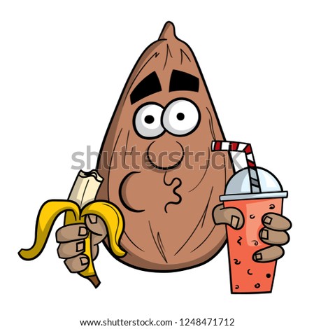 Cartoon illustration of a almond nut with a health smoothy and banana