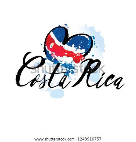 Hand written calligraphic lettering quote Costa Rica with decorative elements in flag colors. Isolated objects on white background. Vector illustration. Design concept for independence day banner
