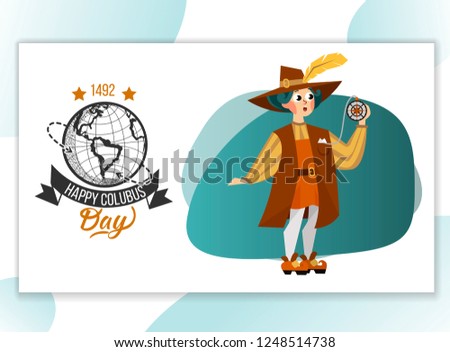 Happy Columbus Day poster with great spanish sailor greeting card lettering text logo design