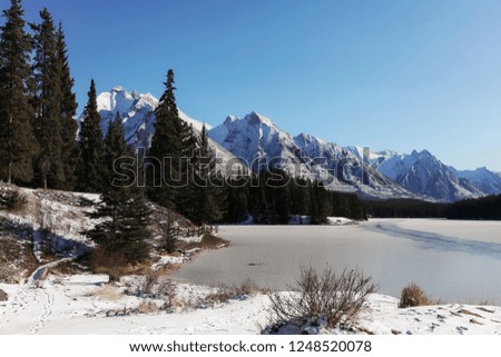 Picturesque view of mountain landscape and high pine tree forest. Winter picture of Canadian nature and frozen lake. Snow lying on peaks and ground. Blue clean sky, sun shining. Travel on christmas