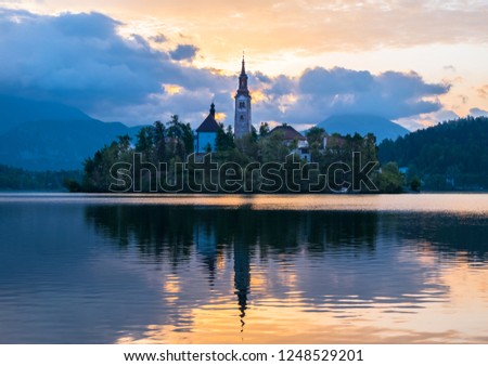 Impressive sunset at Bled Lake, Castel and Island, Bled, Triglav National Park, Upper Carniolan, Slovenia, Europe