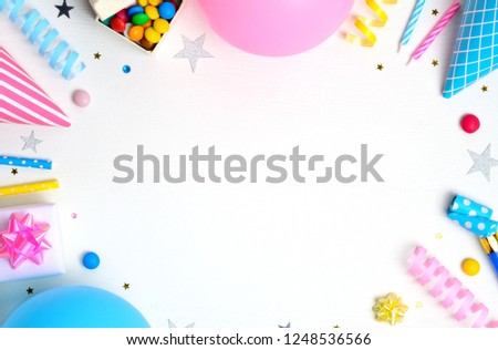 Birthday party background. Flat lay, top view, copy space.