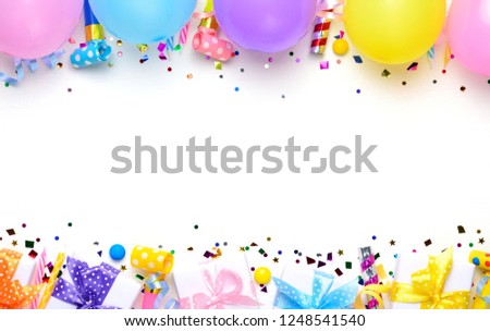 Birthday party background with balloons  and birthday gifts. Flat lay, top view, copy space.