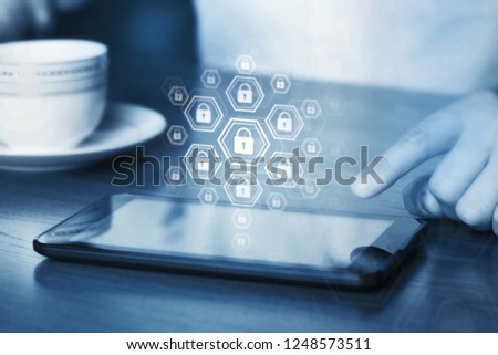 Online internet secure payment and network safe communication and banking concept. Person pay in web via computer. Locks and padlocks on diagram. Encryption of private connection.