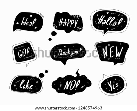Set of black speech bubbles in drawn style.  Dialog windows with phrases: Idea, Happy, Hallo, Go, Thank you, New, Like, No, Yes