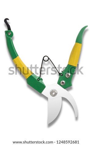 Garden scissors on white ground, mouth part open and isolated image.