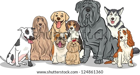 Cartoon Illustration of Funny Purebred Dogs or Puppies Group
