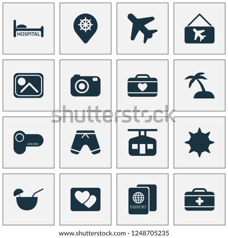 Travel icons set with camcorder, photo, first aid kit and other clinic elements. Isolated vector illustration travel icons.
