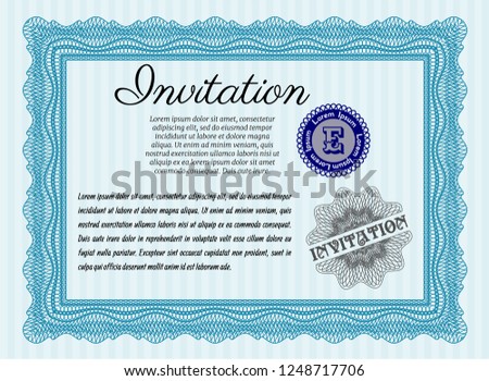 Light blue Formal invitation template. Printer friendly. Money Pattern design. Detailed. 