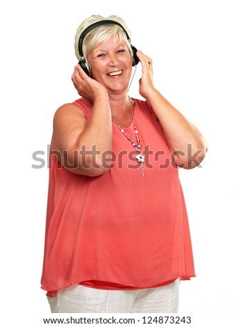 Portrait Of A Senior Woman With Headphone On White Background