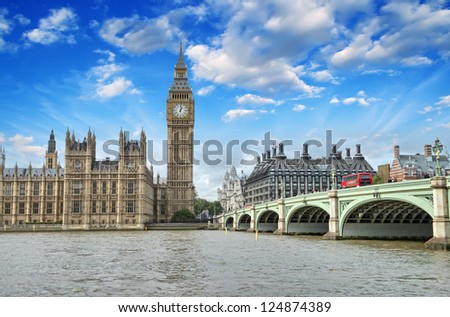 London. Beautiful view of Westminster Bridge and Houses of Parliament with Thames river.
