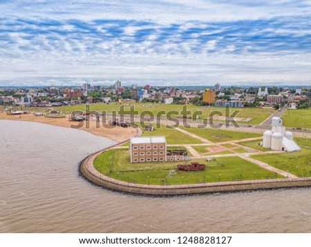 Aerial view of Encarnacion in Paraguay overlooking the San Jose beach.